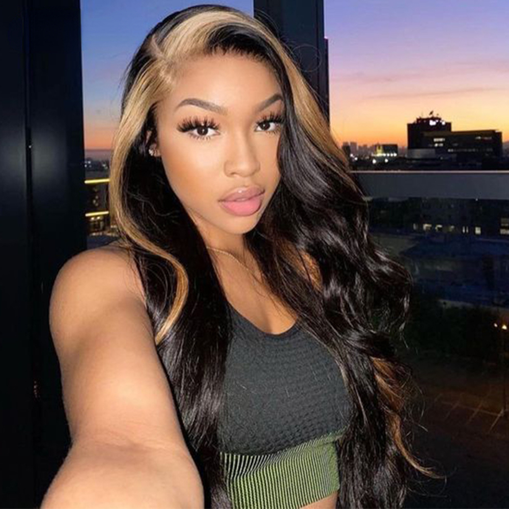 Brazilian Hair Gray Highlight Wig 13x4 Body Wave Lace Front Wigs Transparent Platinum Blonde Highlight Colored Synthetic Wigs For Women