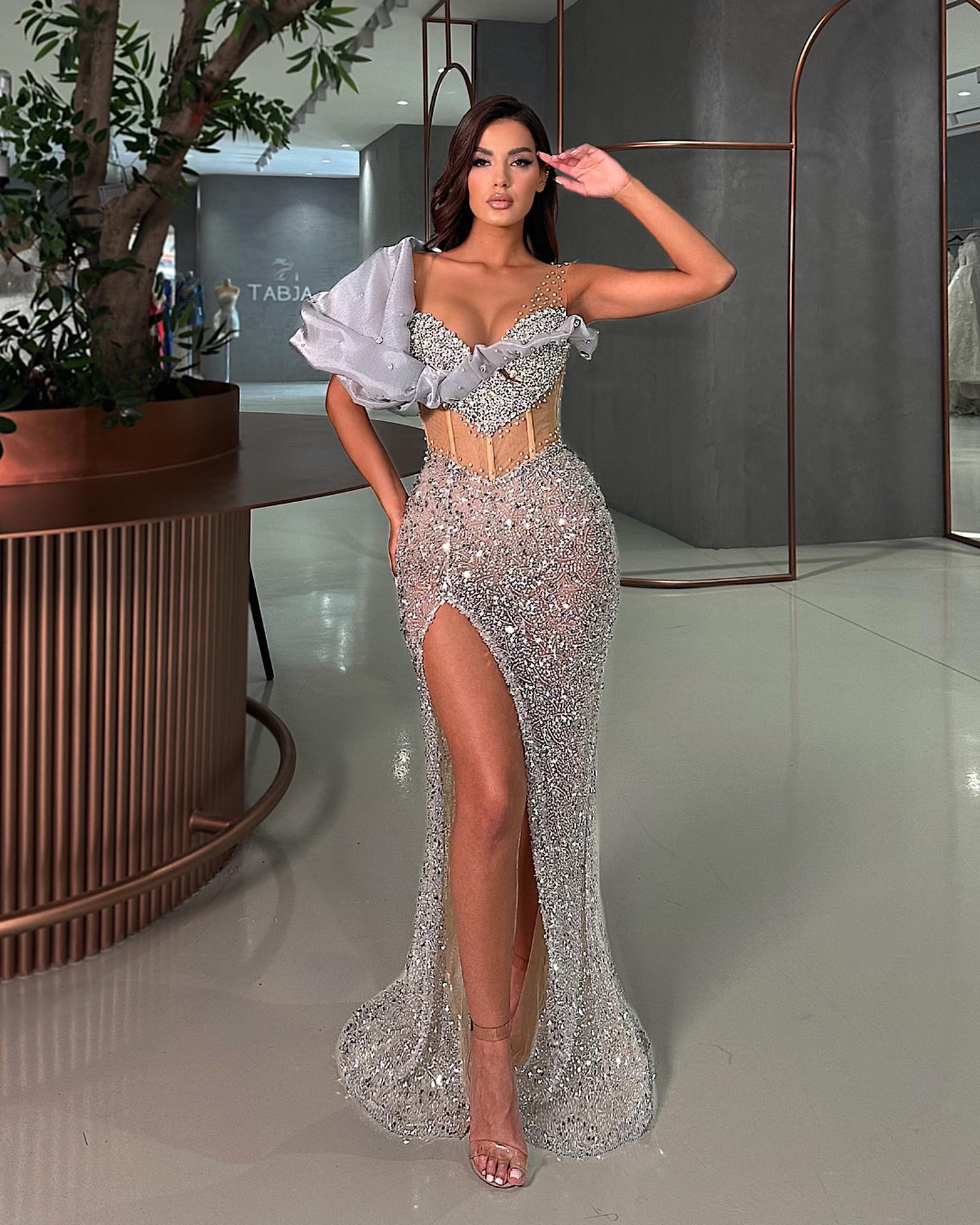 Sexy Sier Grey Mermaid Evening Beads V Neck Formal Party Prom Dress Split Red Carpet Long Dresses For Special Ocn 6660306