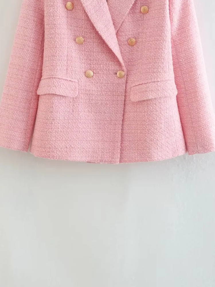 Women's Suits Blazers TRAF Women's Pink Blazer Autumn Tweed Jacket Woman Long Sleeve Red Black Jacket Casual Double Breasted Womens Blazer J
