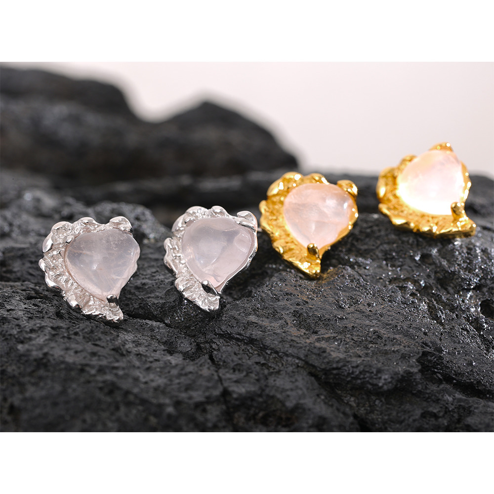 Stud Yhpup Rose Quartz Stone Heart Sterling Silver Earring Romantic Sweet Stylish Fine Jewelry Girlfriend Gift Lovers 230804