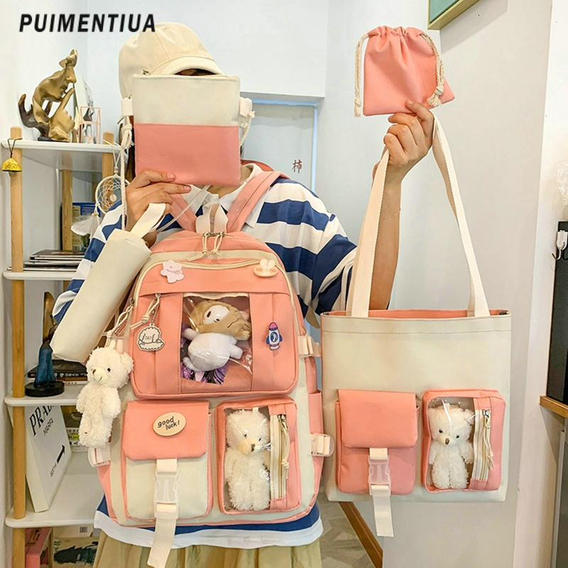 Backpacks 5pcs Sets Harajuku Kawaii Kids School Backpack Cute Women's Bagpack Bookbag Laptop Bag For Teenage Girls Students Bag Rucksack 230803