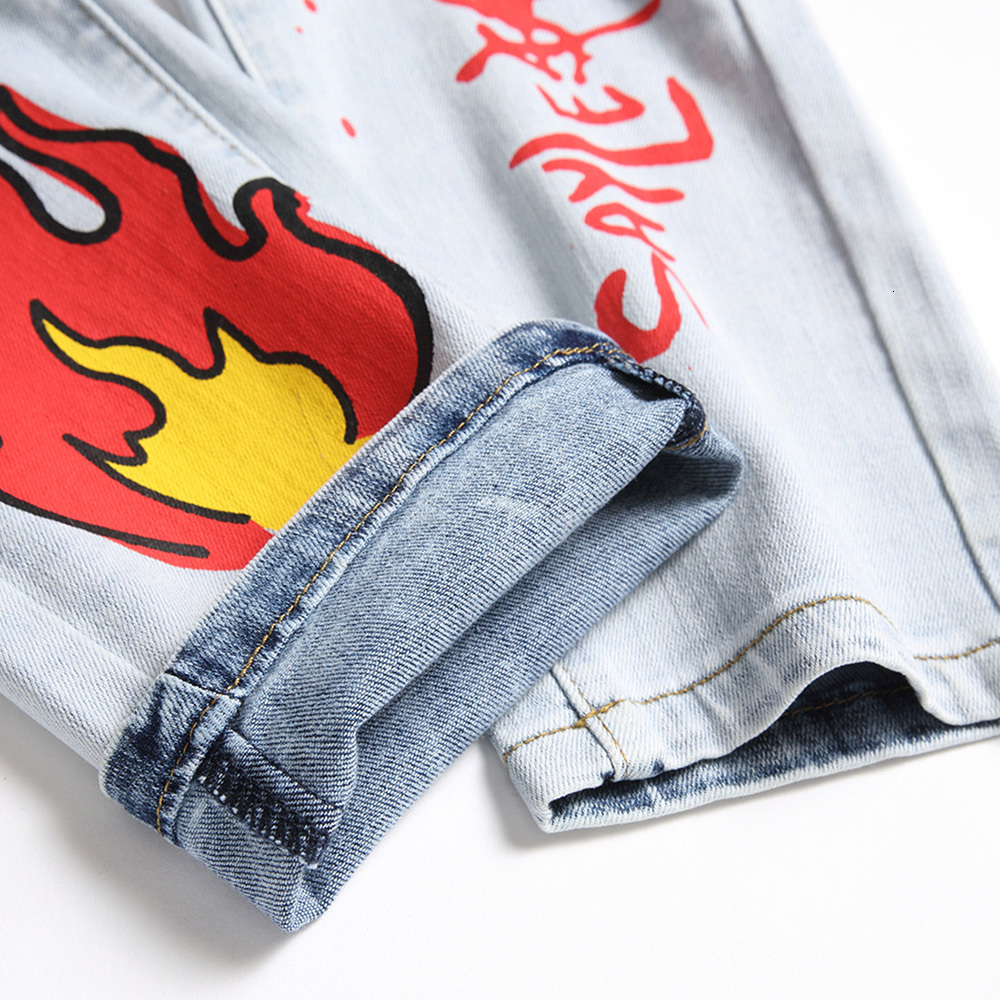 Men s Jeans Men Printed Stretch Fashion Flame Letters Dollar Painted Denim Pants Snow Washed Slim Straight Trousers 230804