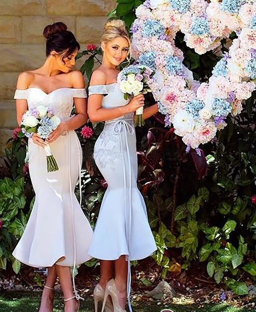 Modest Tea Length Mermaid Bridesmaids Dresses 2023 Off Shoulder Open Back High Appliques Short Country Maid Of Honor Party Prom Gowns Cheap