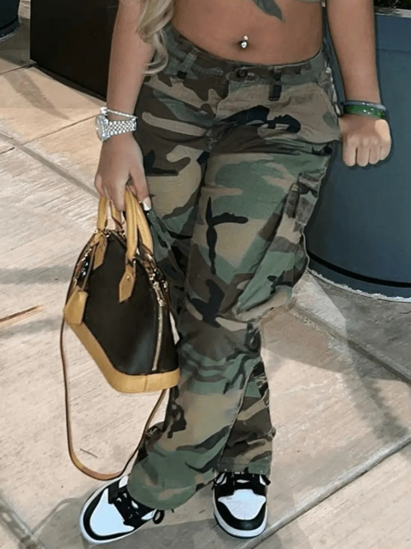 Women s Pants Plus Size Camo Print Side Pocket Cargo Camouflage Mid Waist Casual Regular Leisure Lady 2023 230804