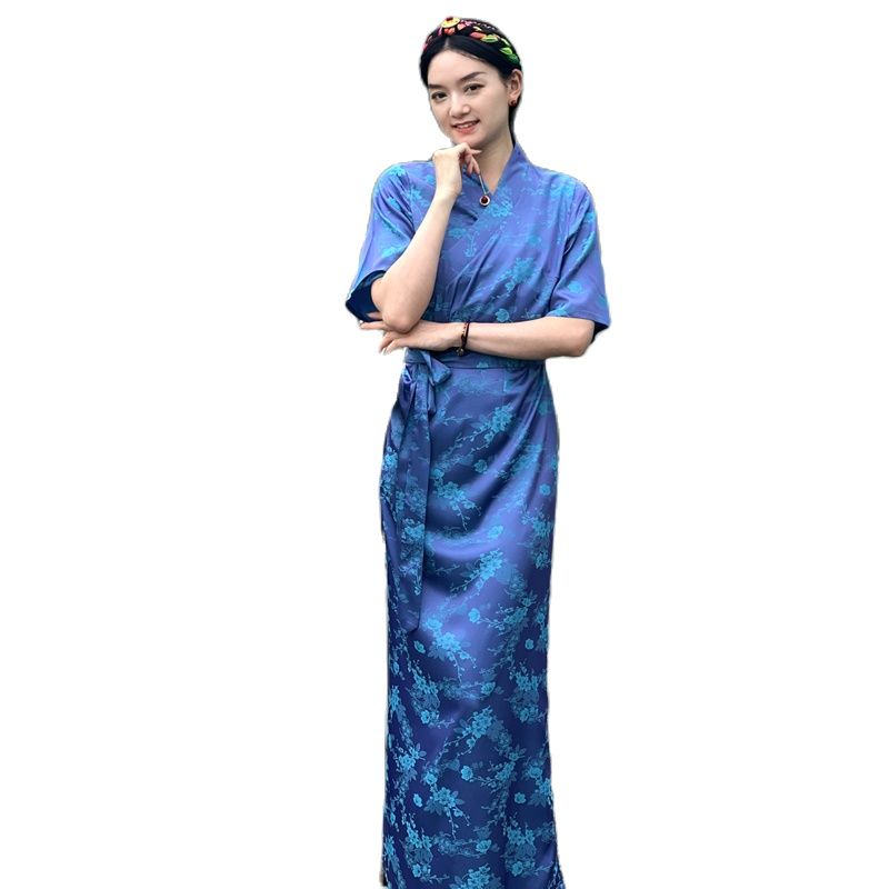Women Ethnic Clothing National Tibetan Costume Female Silk Gown Long Sleeve vintage apparel Cheongsam Style Summer Elegant Robe