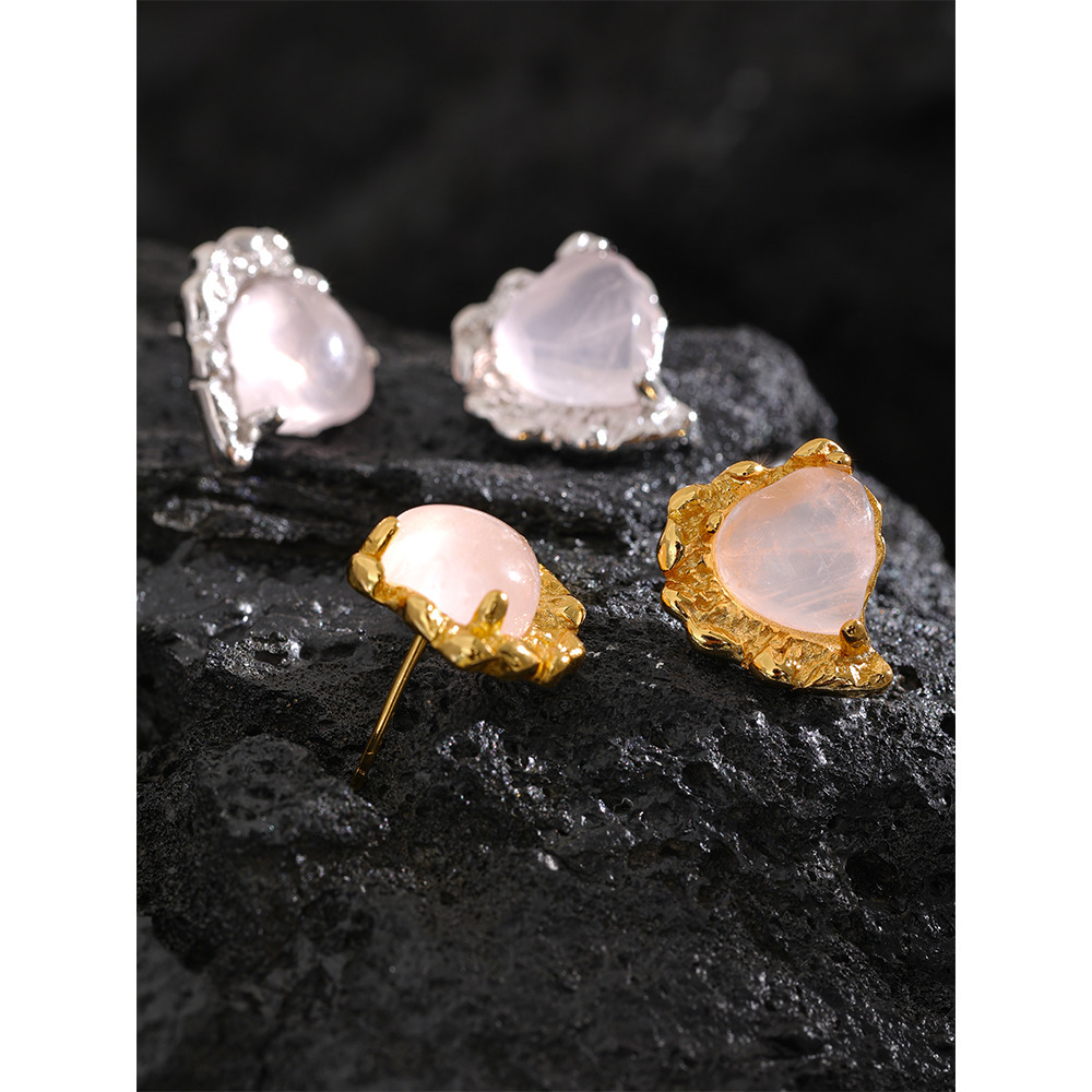 Stud Yhpup Rose Quartz Stone Heart Sterling Silver Earring Romantic Sweet Stylish Fine Jewelry Girlfriend Gift Lovers 230804