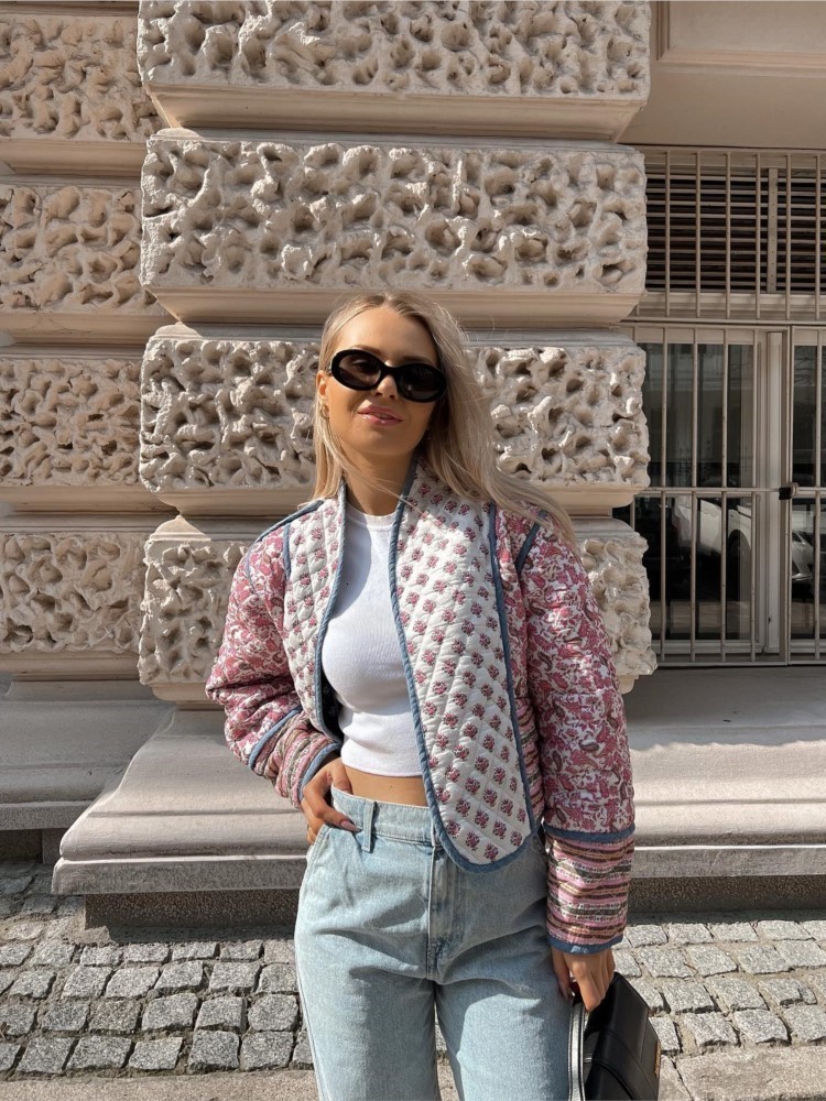 Women s Jacket Printed Flower Quilted Reversible Cotton Coat Long Sleeve Open Front Two In One Autumn Vintage Street Outerwear 230804
