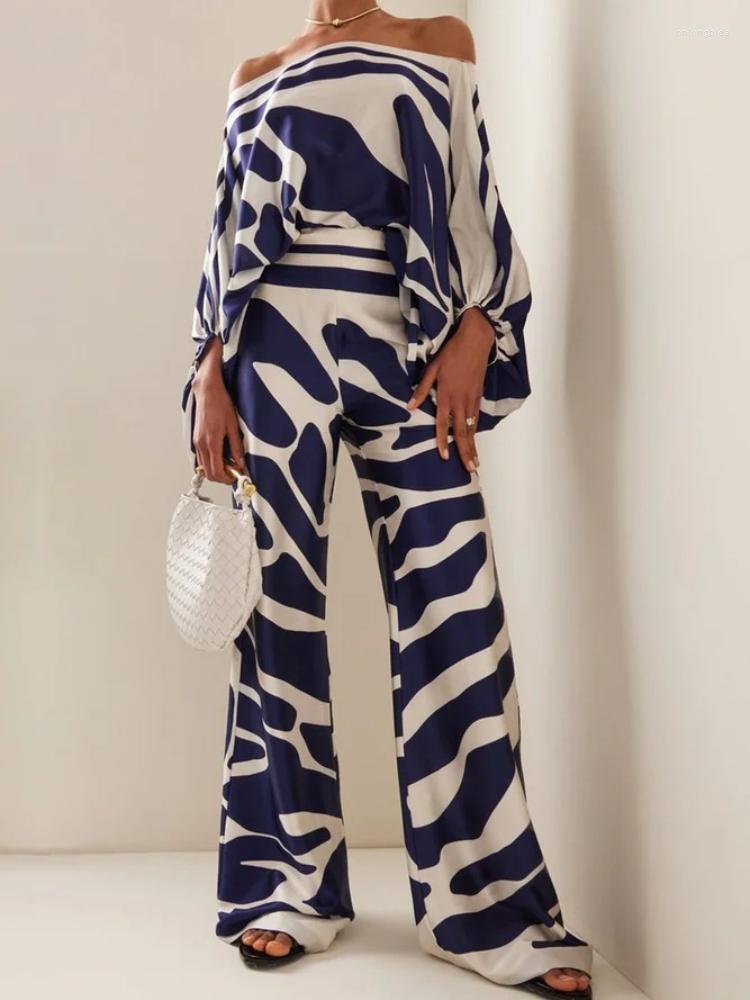 CNLONGBIDA Women's Two Piece Pants Women Print Satin Outfit Summer Lantern Sleeve Off Shoulder Blouse Office Lady 2 Sets Fashion Casual Wide Leg 