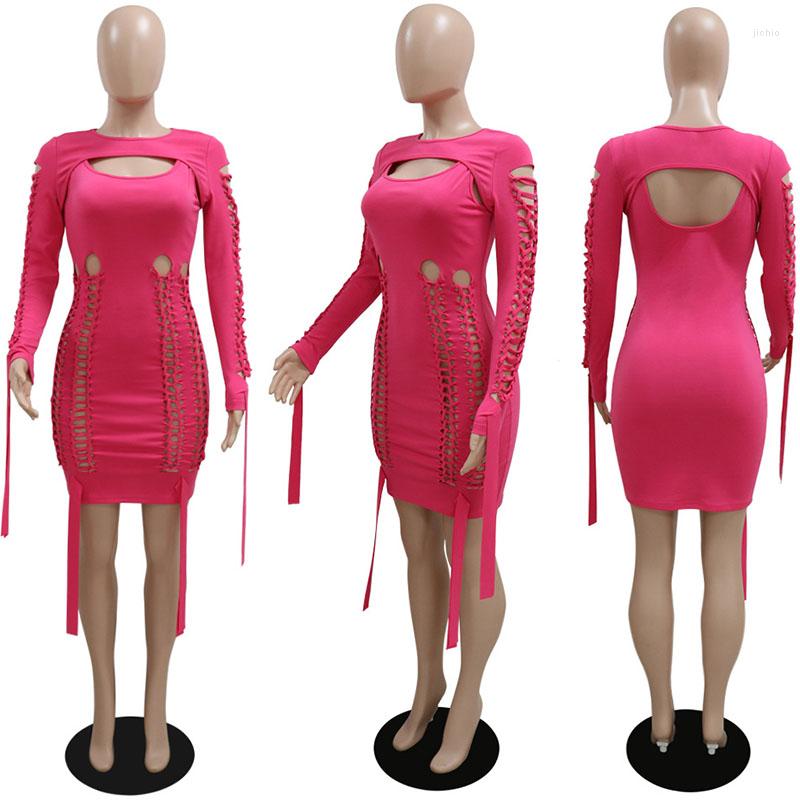 Casual Dresses Sexy Hollow Out Long Sleeve Bandage Mini For Women 2023 Party Night Club Lace-up Stretchy Birthday Outfits Bodycon Dress