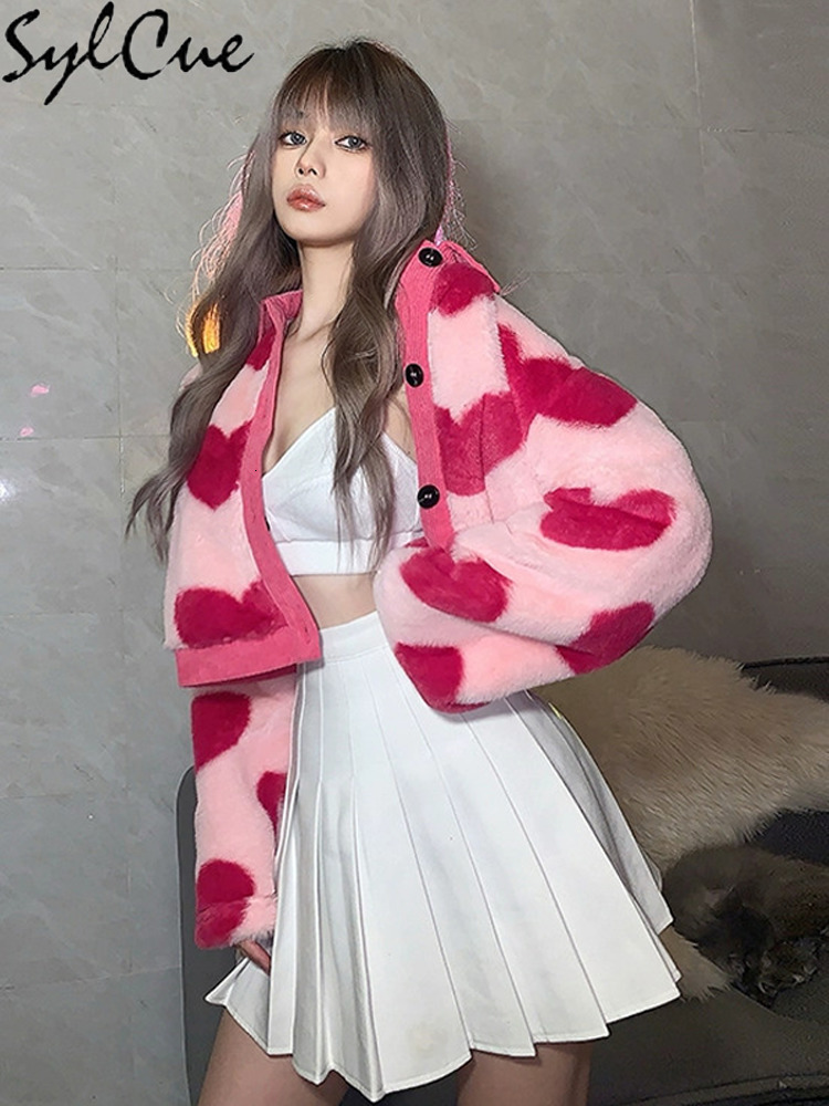 Women's Jackets Sylcue Pink Girl Youth Cute All-Match Love Contrast Woolen Loose Comfortable And Supple Women's Short Top Coat Button 230803