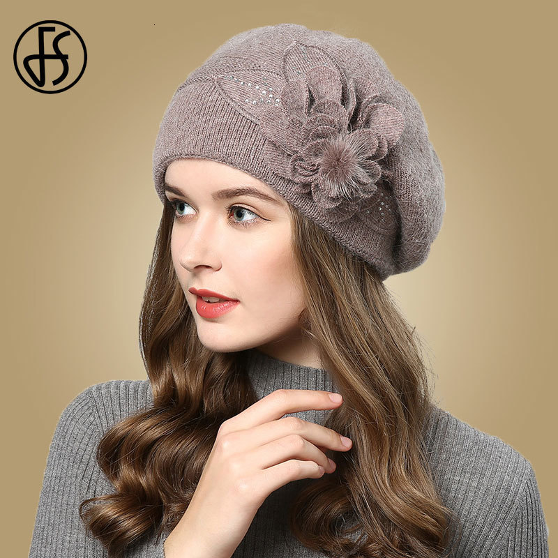 Berets F Knitted Wool Hats Winter Flowers Warm Female Cap Girls Beanies Rabbit Fur Hat Gorros Bonnet Femme Hiver 230804