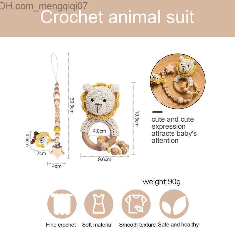 Pacifier Holders Clips# 2 food grade baby wooden teeth Rattlesnake toy crochet animal lion fox baby pacifier chain tooth bracelet newborn gift Z230804