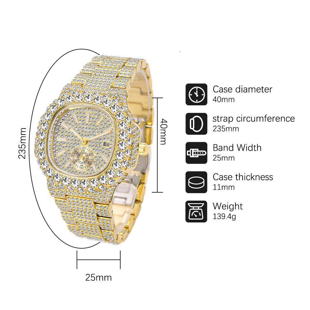 Other Watches Gold Watch For Men Diamond Iced Out Hip Hop Stylish Quartz Male Double Dial Heavry Waterproof Wristwatches Summer In 230804