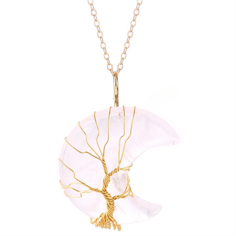 Tree of Life Wire Wrapped Moon Pendant Necklace Reiki Healing Crystal Stone Necklaces Natural Rose Quartz Jewelry for Women