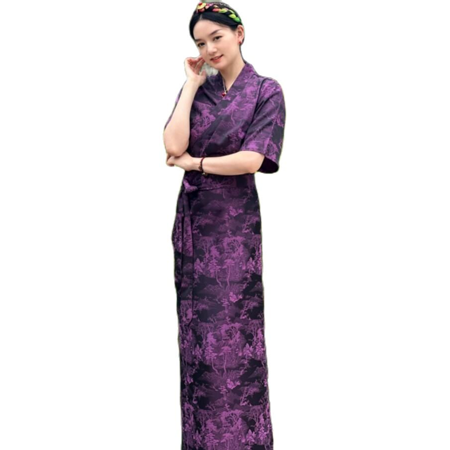 Women Ethnic Clothing National Tibetan Costume Female Silk Gown Long Sleeve vintage apparel Cheongsam Style Summer Elegant Robe