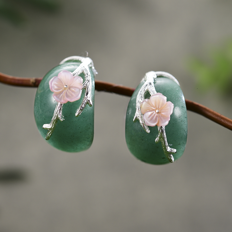 Stud Lotus Fun Real 925 Sterling Silver Natural Aventurine Original Handmade Fine Jewelry Plum Flower Earrings for Women 230804