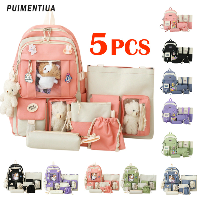 Backpacks 5pcs Sets Harajuku Kawaii Kids School Backpack Cute Women's Bagpack Bookbag Laptop Bag For Teenage Girls Students Bag Rucksack 230803