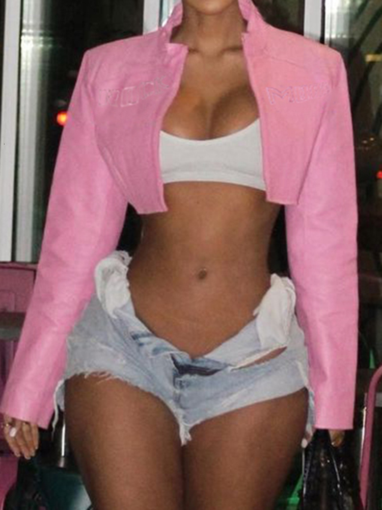 Women's Jackets Weekeek Pink Leather Crop Jacket Streetwear Cute Punk Style Long Sleeve PU Cardigan Women Outerwear y2k Aesthetic Ladies Fashion 