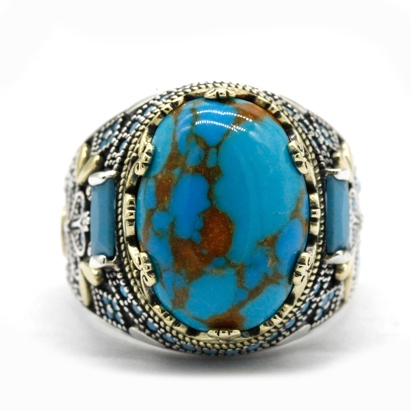 Wedding Rings 925 Sterling Silver Turquoise Ring for Men Women Natural Gemstone Lucky Stone Turkish Handmade Retro Jewelry Anniversary Gift 230804