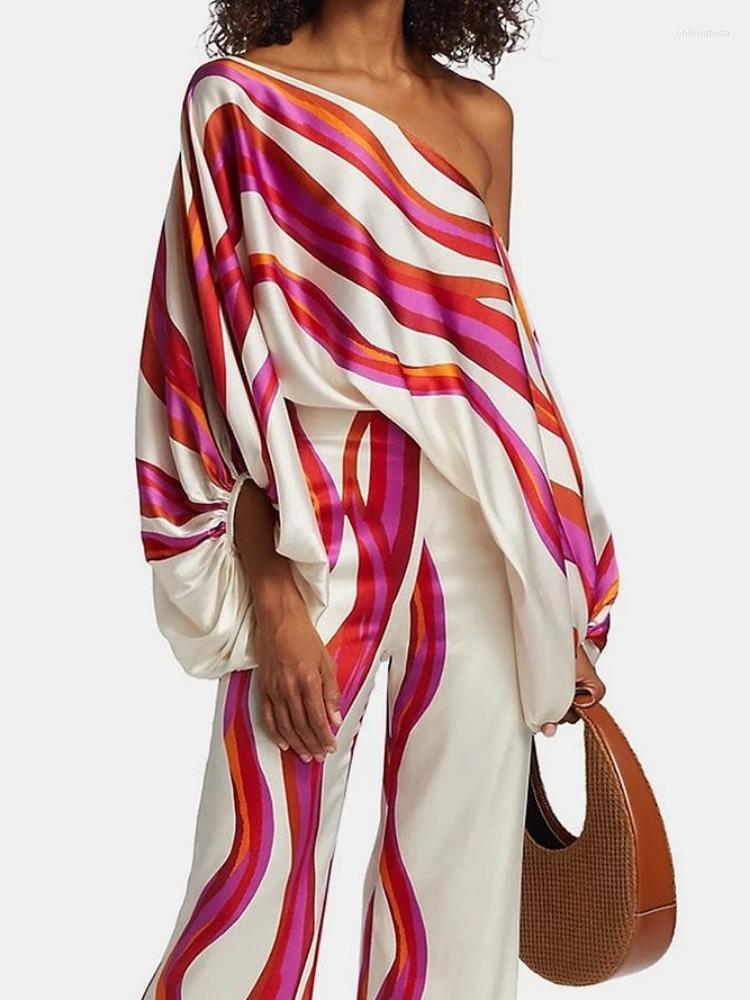 CNLONGBIDA Women's Two Piece Pants Women Print Satin Outfit Summer Lantern Sleeve Off Shoulder Blouse Office Lady 2 Sets Fashion Casual Wide Leg 