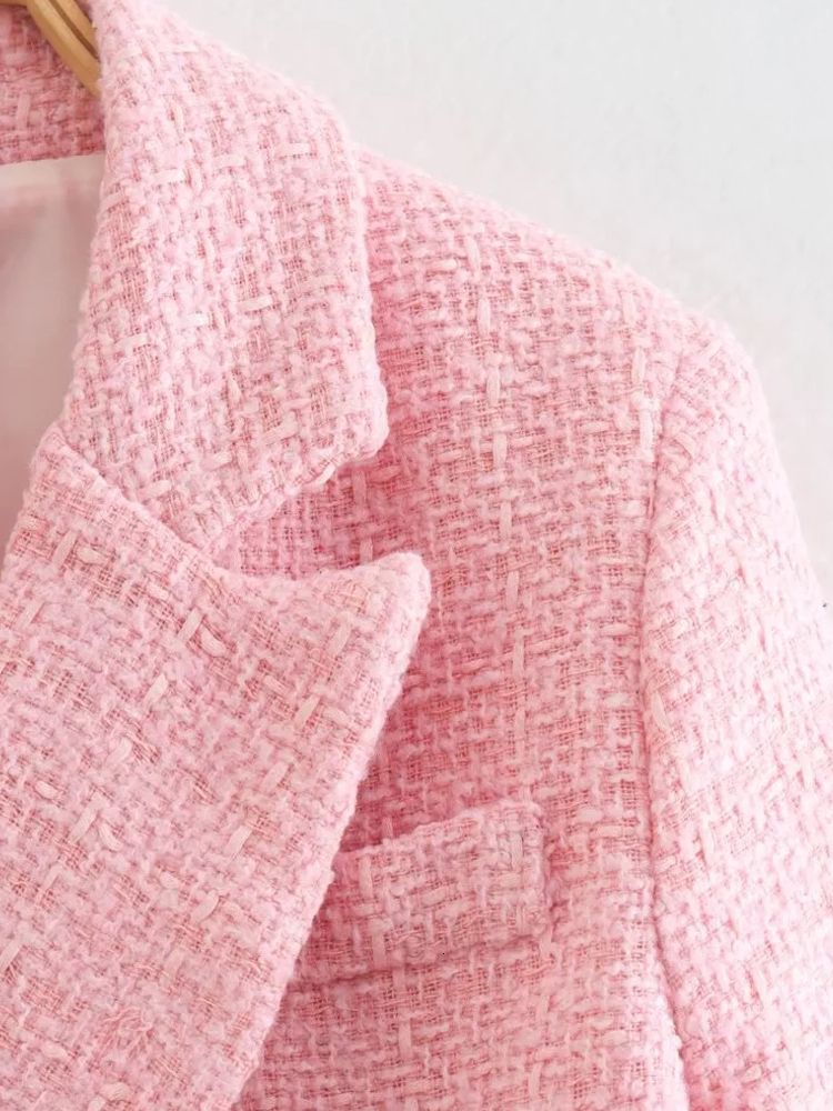 Women's Suits Blazers TRAF Women's Pink Blazer Autumn Tweed Jacket Woman Long Sleeve Red Black Jacket Casual Double Breasted Womens Blazer J