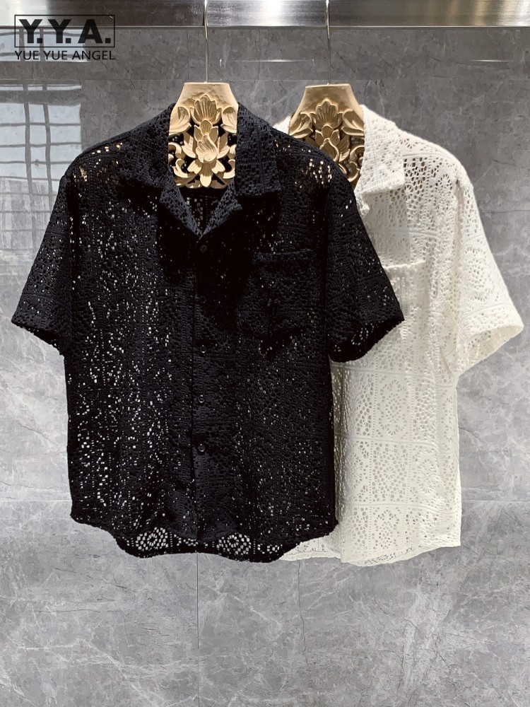 Men's Casual Shirts Summer Mens Hollow Out Crochet Beach Shirt Short Sleeve Single Breasted Loose Fit Tops Vintage Breathable Night Clubwear 2308