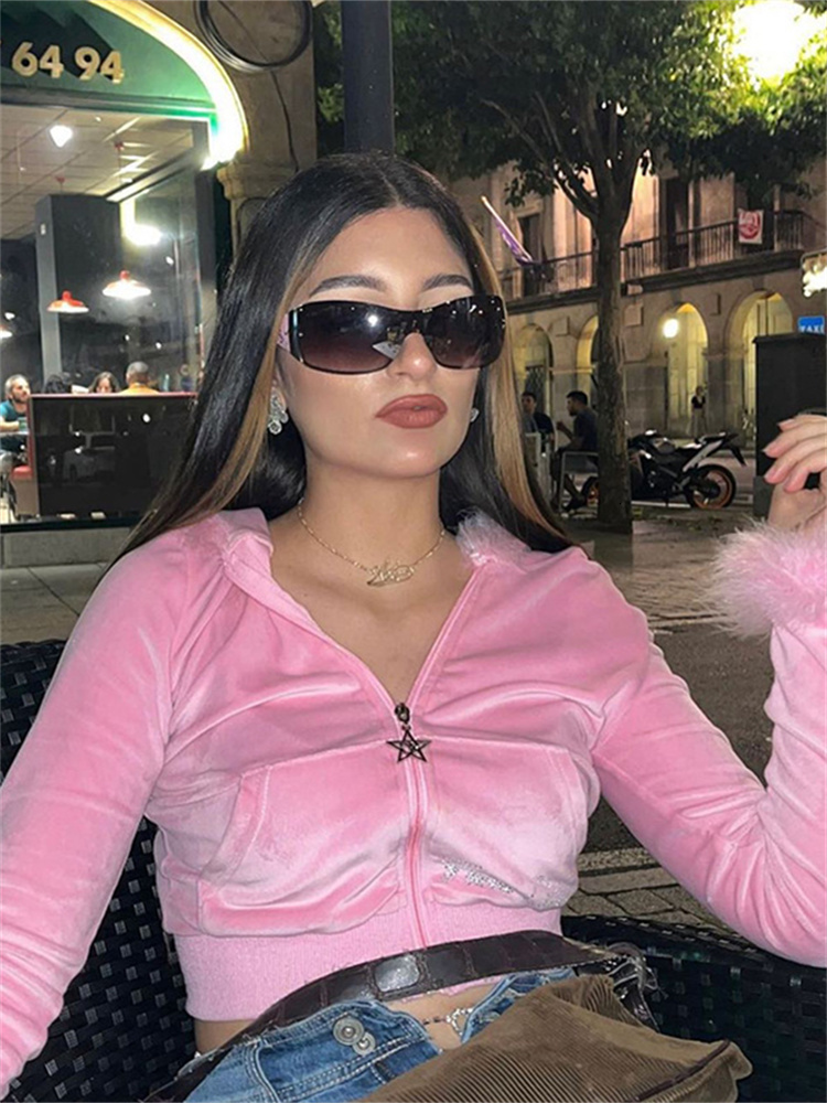 Women's Jackets Fall Outfits Jacket For Women Pink Fashion Zipper Jackets Patchwork feather Jackets Coats Long Sleeve Slim Crop Top Fashion 23080