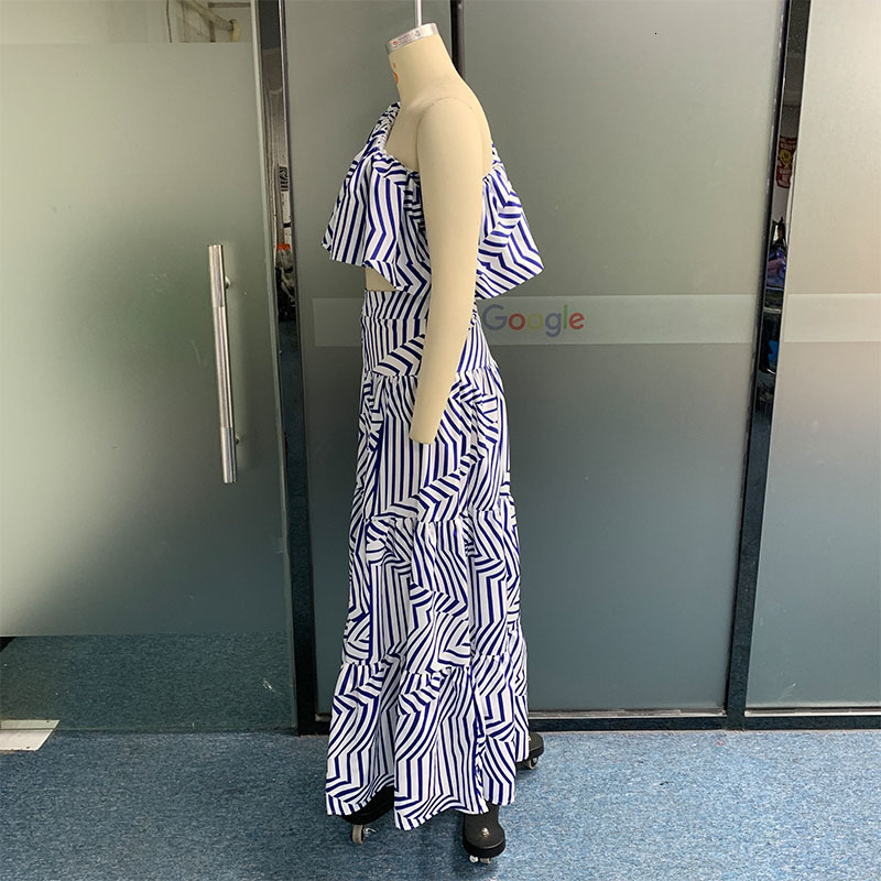 Basic Casual Dresses Wefad Two Piece Set Chic Short Sleeve Off Shoulder Nipped Waist Top Striped Printed Loose Skirt Sets 230804