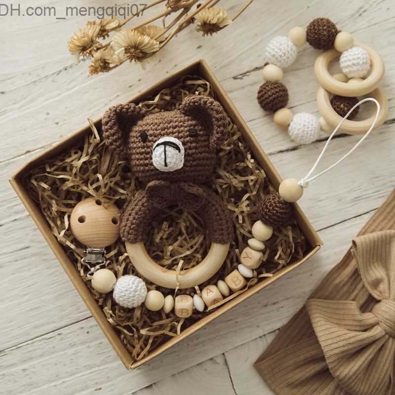 Pacifier Holders Clips# Baby toy crochet Amigurumi lat fox wooden ring newborn dummy bracket pacifier chain chewing teeth education baby lat Z230804