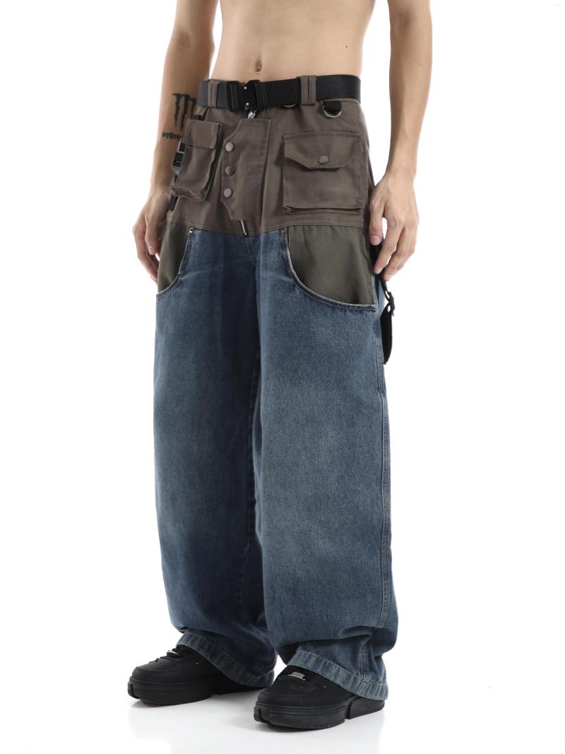 Men's Jeans Patchwork Baggy Wide Leg Pants Men Distressed Denim Trousers Male Oversize Japanese Streetwear Safari Style Casual