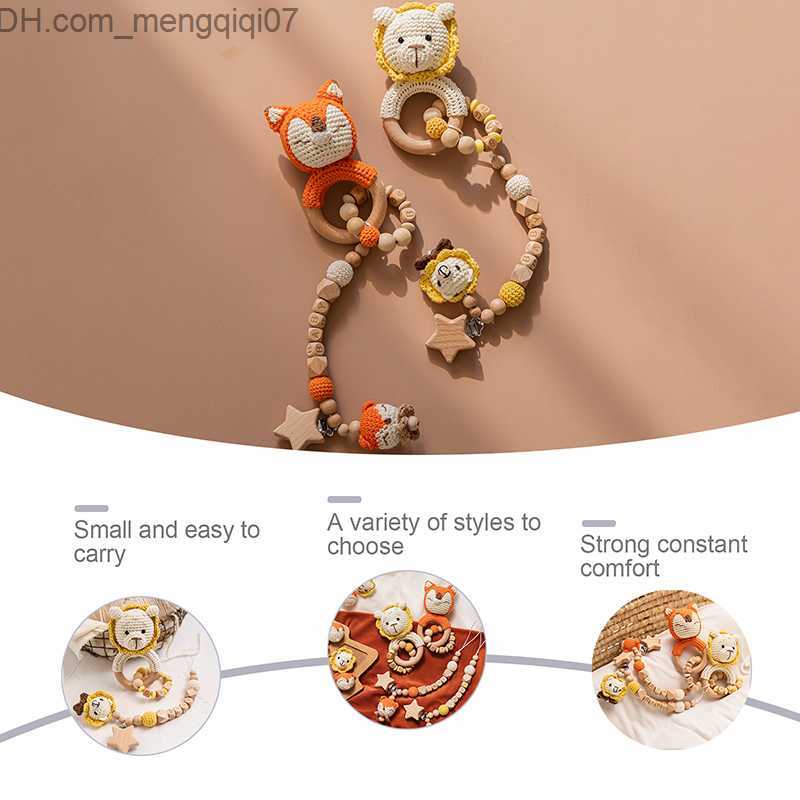 Pacifier Holders Clips# 2 food grade baby wooden teeth Rattlesnake toy crochet animal lion fox baby pacifier chain tooth bracelet newborn gift Z230804
