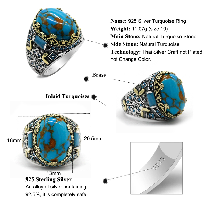 Wedding Rings 925 Sterling Silver Turquoise Ring for Men Women Natural Gemstone Lucky Stone Turkish Handmade Retro Jewelry Anniversary Gift 230804