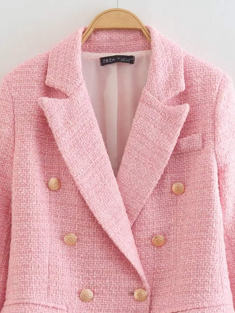 Women's Suits Blazers TRAF Women's Pink Blazer Autumn Tweed Jacket Woman Long Sleeve Red Black Jacket Casual Double Breasted Womens Blazer J