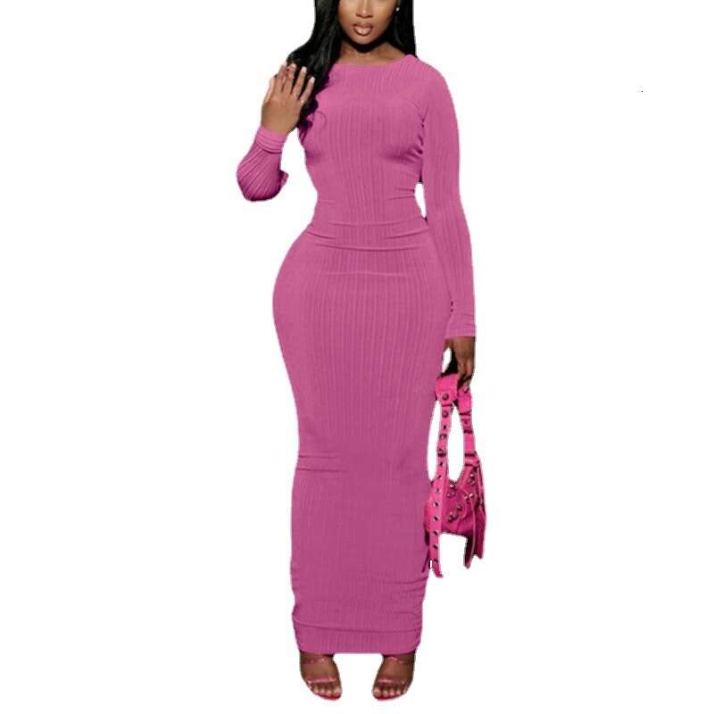 Ladies Dress Autumn Pure Color Round Necklace Long Sleeves Slimming Evening