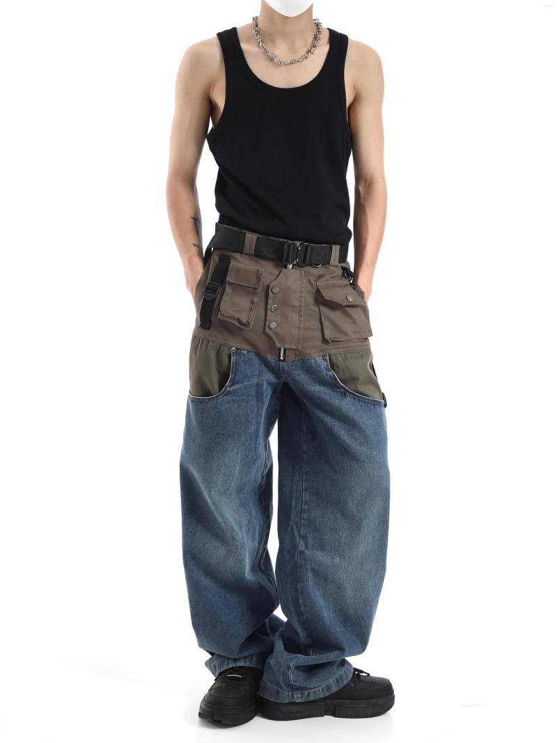 Men's Jeans Patchwork Baggy Wide Leg Pants Men Distressed Denim Trousers Male Oversize Japanese Streetwear Safari Style Casual