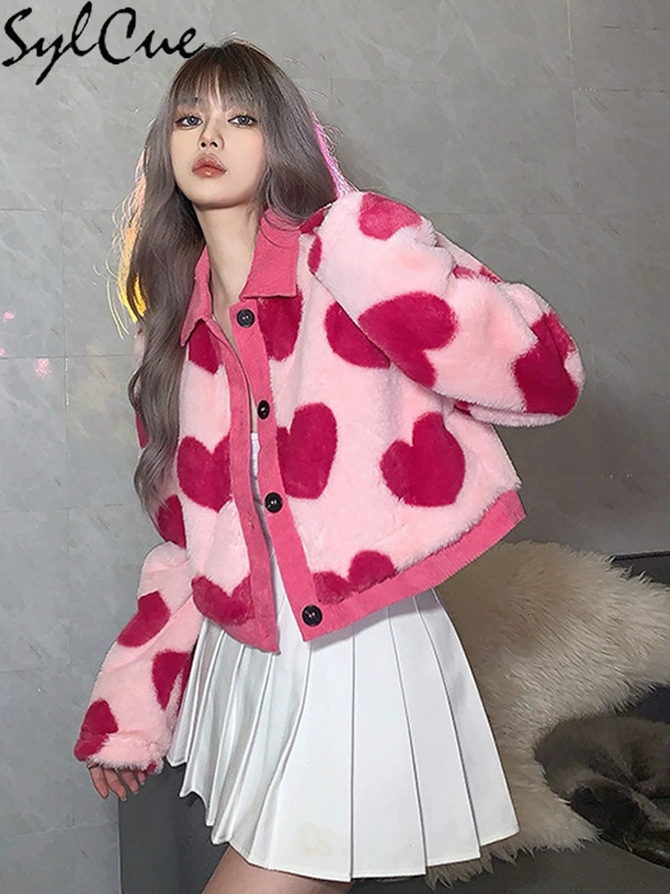 Women's Jackets Sylcue Pink Girl Youth Cute All-Match Love Contrast Woolen Loose Comfortable And Supple Women's Short Top Coat Button 230803