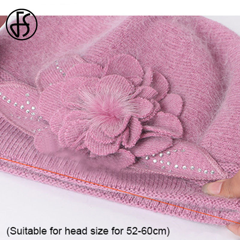 Berets F Knitted Wool Hats Winter Flowers Warm Female Cap Girls Beanies Rabbit Fur Hat Gorros Bonnet Femme Hiver 230804