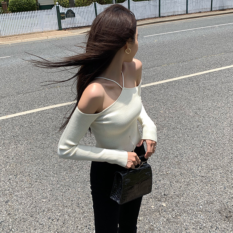 Women's Sweaters Sweater Mujer Sexy Off Shoulder Slim Knitted Sweaters White Black Women Pullovers Long Sleeve Top Pull Femme Vintage Knitwears 2