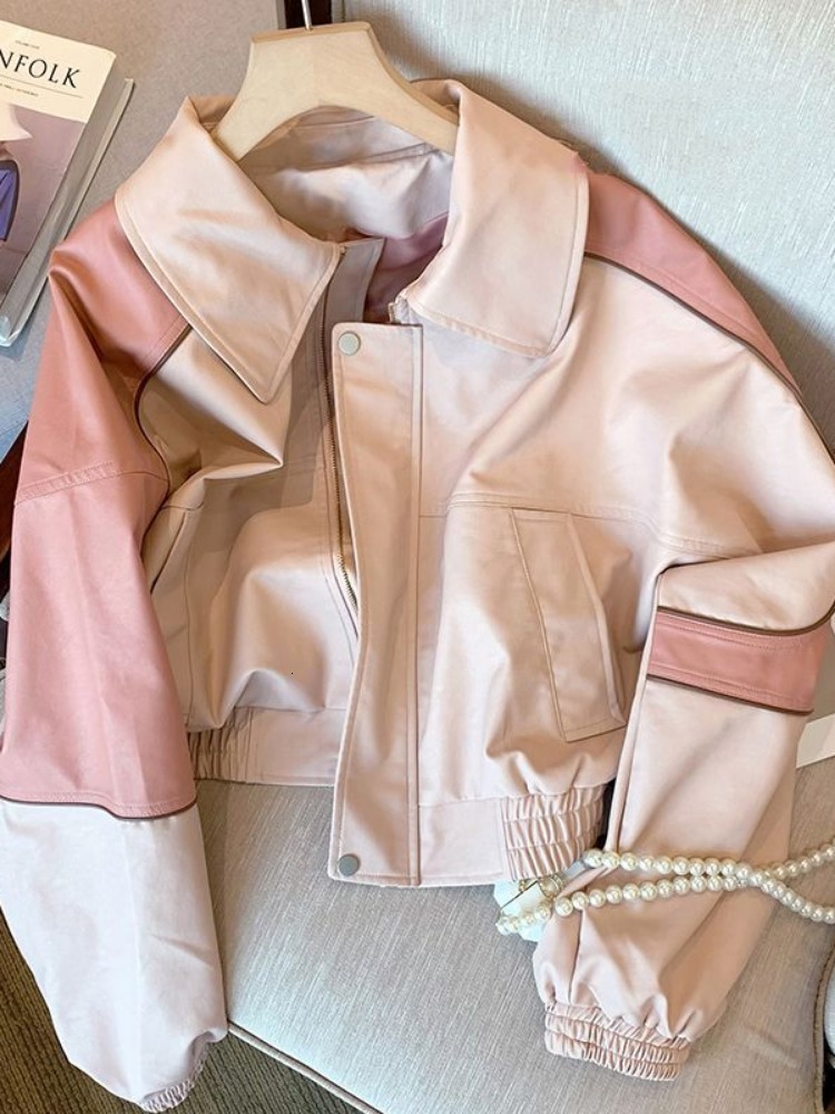 Women's Jackets Deeptown Pink Zip Up Cropped Jackets for Women Y2k Streetwear Sweet PU Leather Jacket 90s Vintage Varsity Jackets Harajuku Coats 