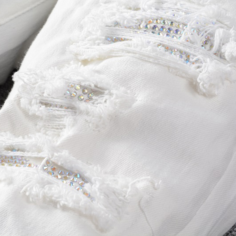 Men s Jeans Sokotoo White Crystal Holes Ripped Fashion Slim Skinny Stretch Denim Pants 230804