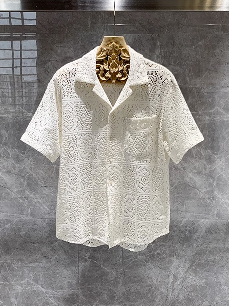 Men's Casual Shirts Summer Mens Hollow Out Crochet Beach Shirt Short Sleeve Single Breasted Loose Fit Tops Vintage Breathable Night Clubwear 2308