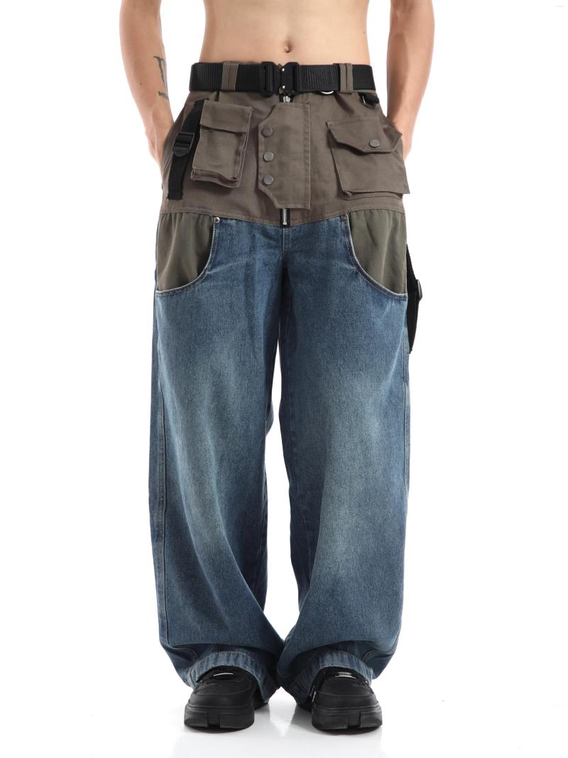 Men's Jeans Patchwork Baggy Wide Leg Pants Men Distressed Denim Trousers Male Oversize Japanese Streetwear Safari Style Casual