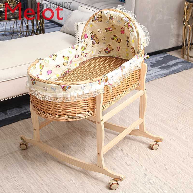 Bassinets Cradles Rattan Bassnet Newborn Portable Basket Crib Cradle Nest Solid Wood Z230804