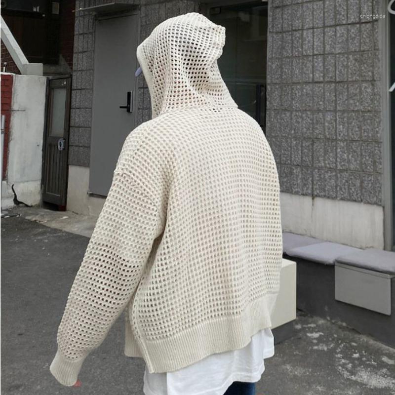 Men's Jackets Vintage Knit Mesh Coat For Men Hole Hooded Cardigan Long Sleeve Tee Male Casual Summer Japanese Streetwear Hip Hop