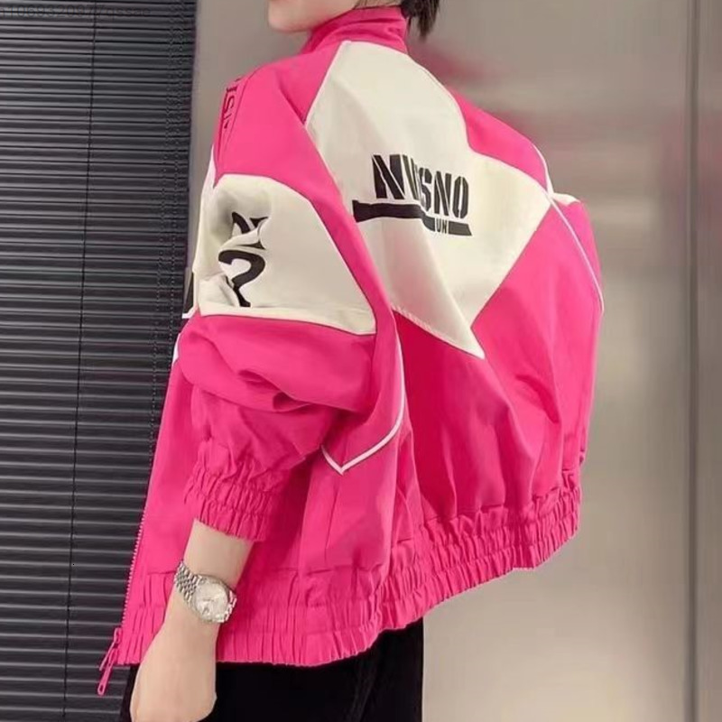 Women's Jackets American Retro Pink Patchwork Racer Jacket For Women Y2k Zipper Loose Oversize Fitting Casual Bomber Jacket Coat 230803