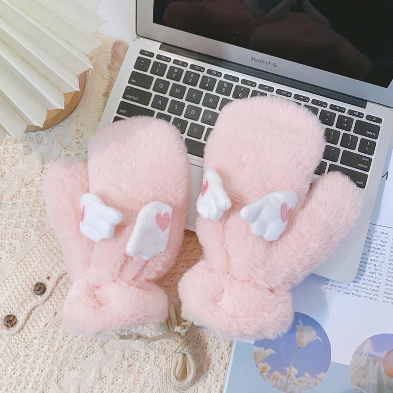 Fingerless Gloves Cute Autumn And Winter With Flap Wings For Girls Velvet Thickening Riding Cold Full Wrap Student Pink 230804