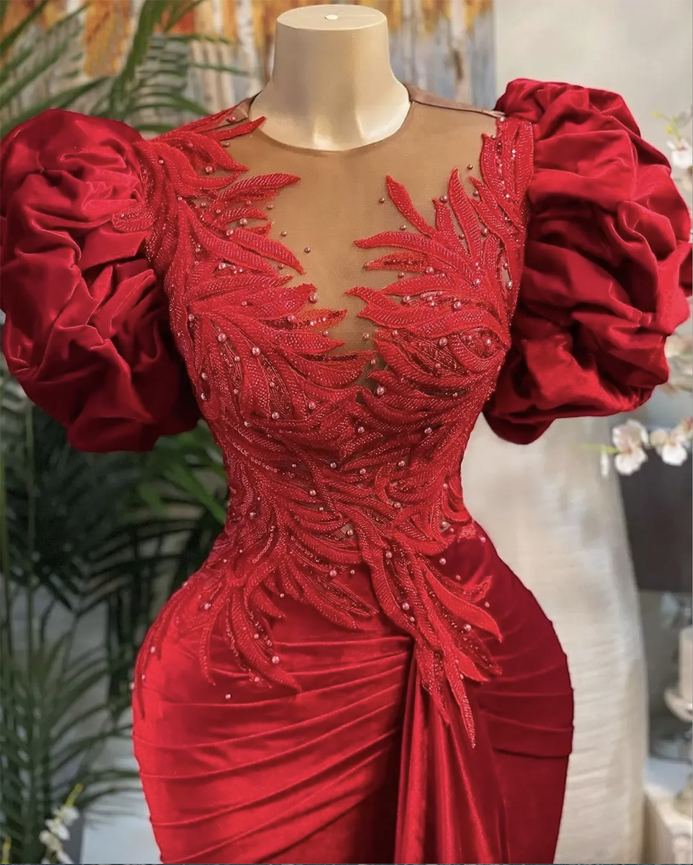 Plus Size Arabic Aso Ebi Red Mermaid Lace Prom Dresses Ruched Puffy Short Sleeves Beaded Sheer Neck Velvet Evening Formal Party Gowns Second Reception
