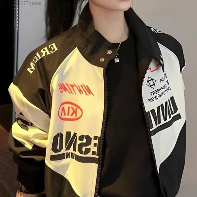 Women's Jackets American Retro Pink Patchwork Racer Jacket For Women Y2k Zipper Loose Oversize Fitting Casual Bomber Jacket Coat 230803