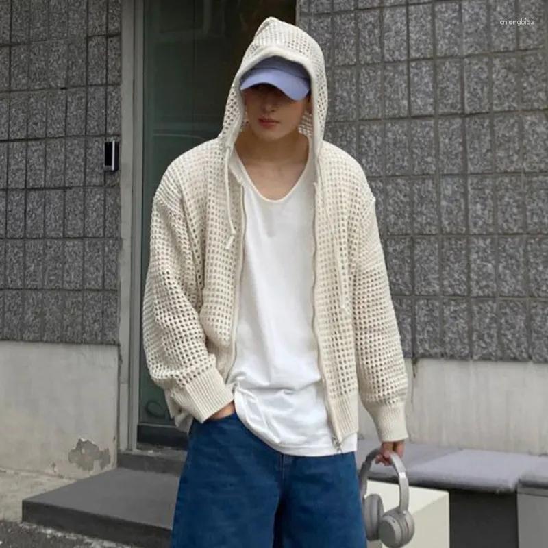 Men's Jackets Vintage Knit Mesh Coat For Men Hole Hooded Cardigan Long Sleeve Tee Male Casual Summer Japanese Streetwear Hip Hop