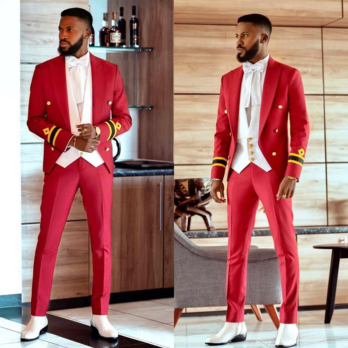Fashion Red 2 Pieces Wedding Tuxedos Men Suits Pattern Peaked Lapel Single Breasted Customize Bright Coat Pants Formal Prom Party Tailored Handsome
